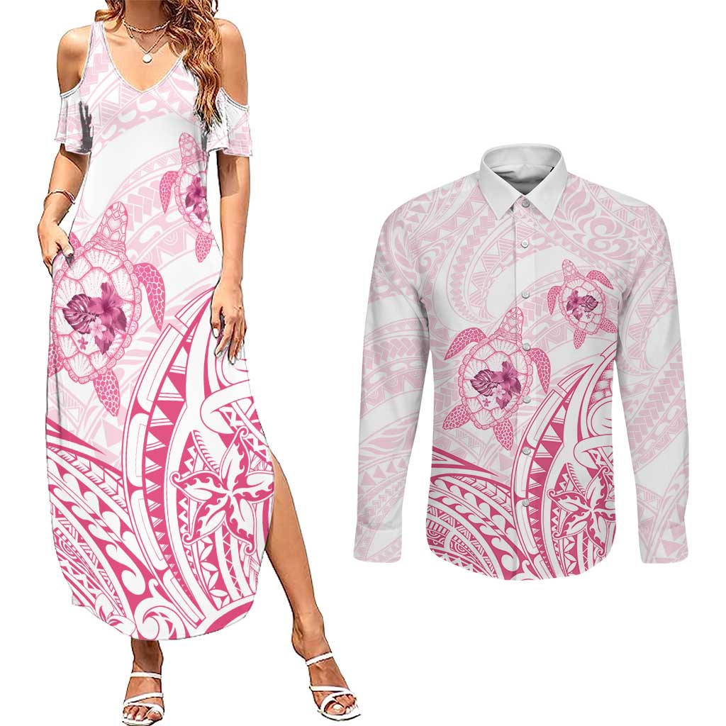 Pink White Polynesia Floral Sea Turtle Couples Matching Summer Maxi Dress and Long Sleeve Button Shirt - Polynesian Pride