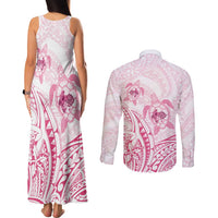 Pink White Polynesia Floral Sea Turtle Couples Matching Tank Maxi Dress and Long Sleeve Button Shirt - Polynesian Pride