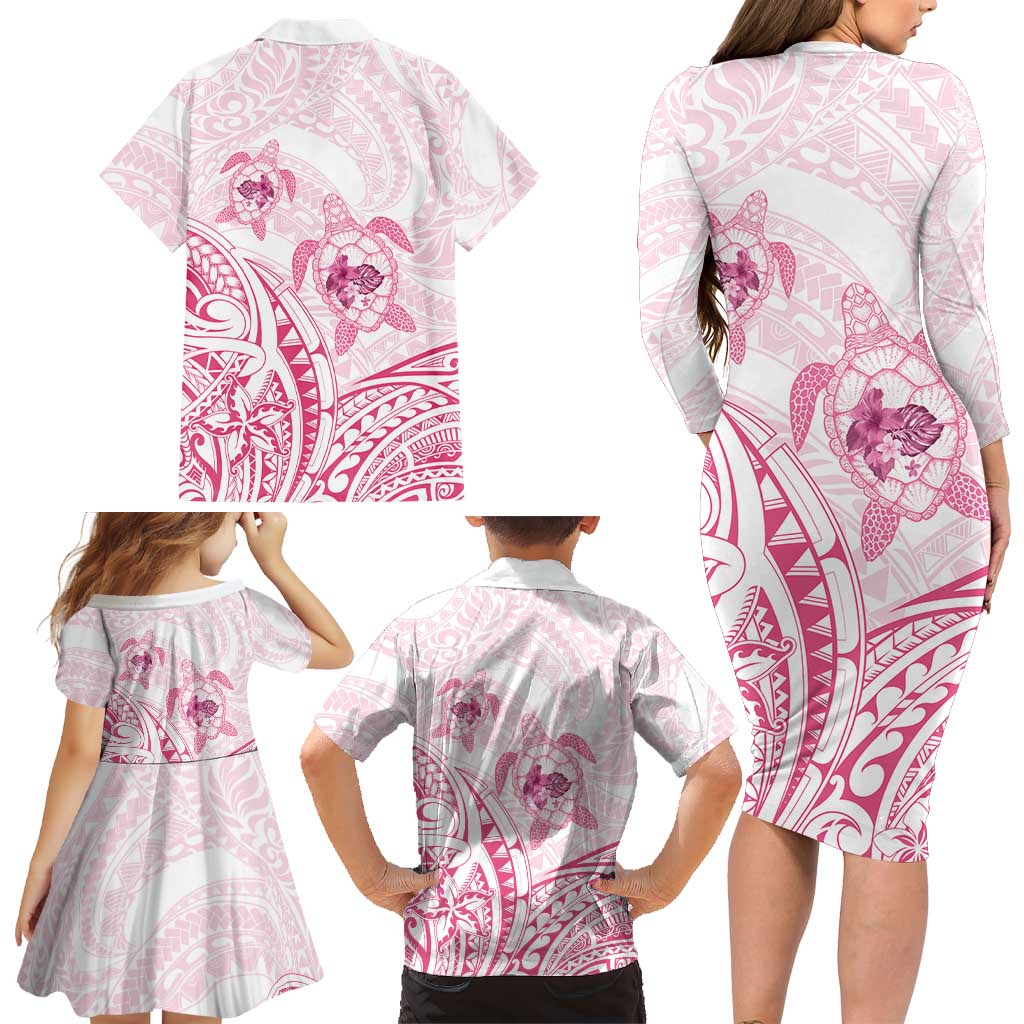 Pink White Polynesia Floral Sea Turtle Family Matching Long Sleeve Bodycon Dress and Hawaiian Shirt - Polynesian Pride
