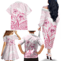 Pink White Polynesia Floral Sea Turtle Family Matching Off The Shoulder Long Sleeve Dress and Hawaiian Shirt - Polynesian Pride