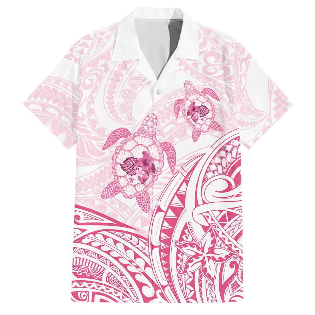 Pink White Polynesia Floral Sea Turtle Family Matching Off The Shoulder Long Sleeve Dress and Hawaiian Shirt - Polynesian Pride