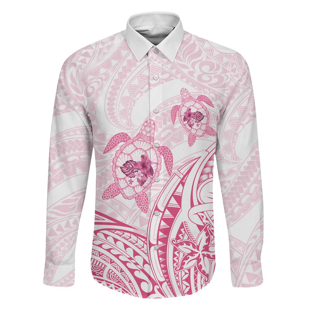Pink White Polynesia Floral Sea Turtle Family Matching Off The Shoulder Long Sleeve Dress and Hawaiian Shirt - Polynesian Pride