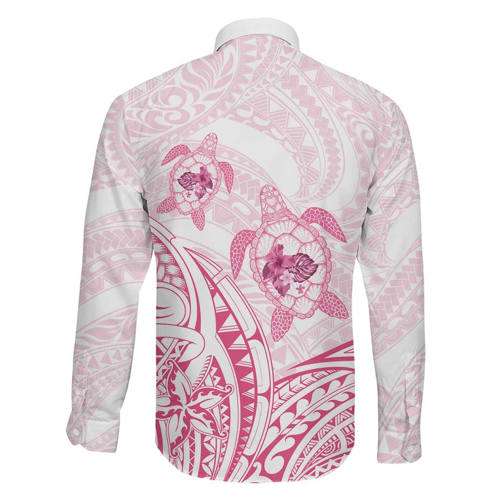 Pink White Polynesia Floral Sea Turtle Family Matching Off The Shoulder Long Sleeve Dress and Hawaiian Shirt - Polynesian Pride
