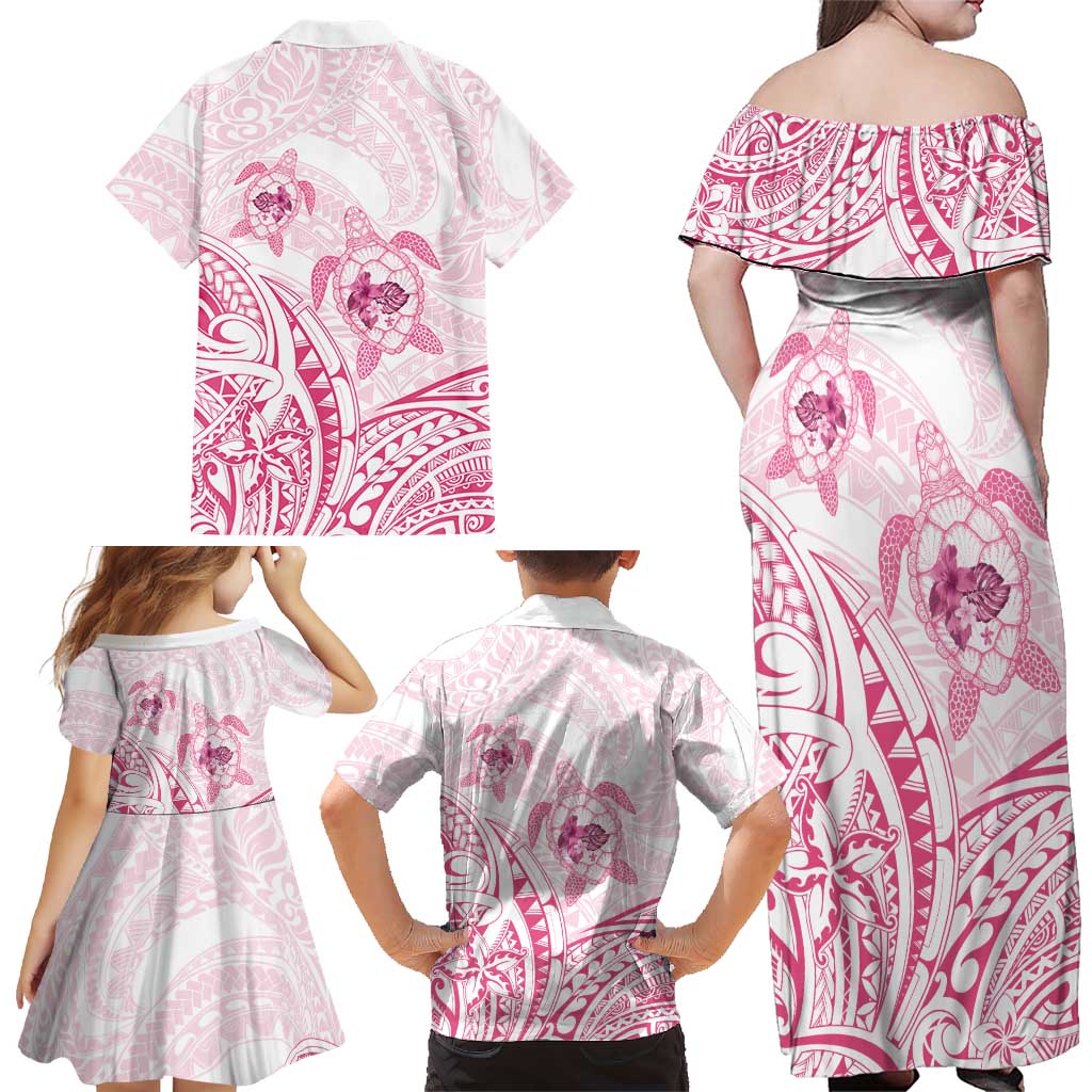 Pink White Polynesia Floral Sea Turtle Family Matching Off Shoulder Maxi Dress and Hawaiian Shirt - Polynesian Pride