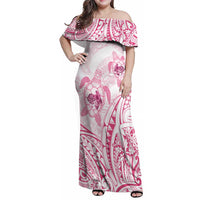 Pink White Polynesia Floral Sea Turtle Family Matching Off Shoulder Maxi Dress and Hawaiian Shirt - Polynesian Pride