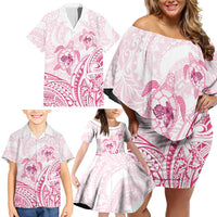 Pink White Polynesia Floral Sea Turtle Family Matching Off Shoulder Short Dress and Hawaiian Shirt - Polynesian Pride
