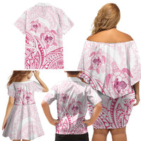 Pink White Polynesia Floral Sea Turtle Family Matching Off Shoulder Short Dress and Hawaiian Shirt - Polynesian Pride