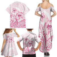 Pink White Polynesia Floral Sea Turtle Family Matching Summer Maxi Dress and Hawaiian Shirt - Polynesian Pride