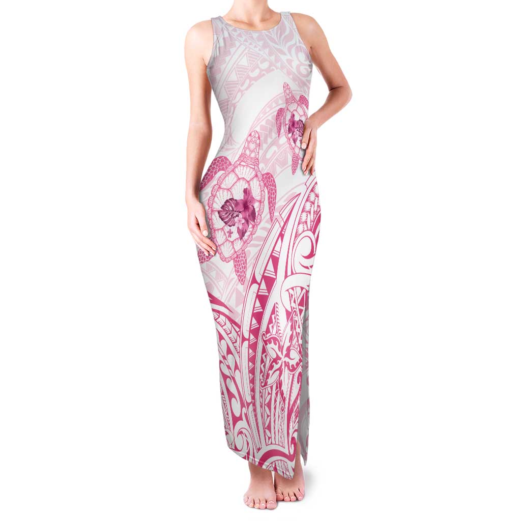 Pink White Polynesia Floral Sea Turtle Family Matching Tank Maxi Dress and Hawaiian Shirt - Polynesian Pride