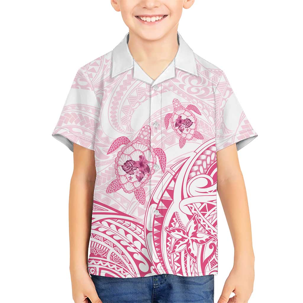 Pink White Polynesia Floral Sea Turtle Kid Hawaiian Shirt - Polynesian Pride