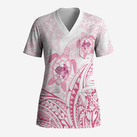 Pink White Polynesia Floral Sea Turtle Scrub Top - Polynesian Pride