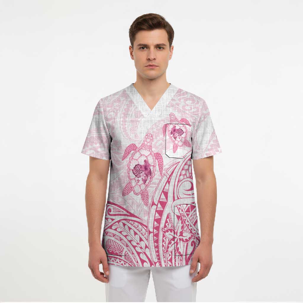 Pink White Polynesia Floral Sea Turtle Scrub Top - Polynesian Pride