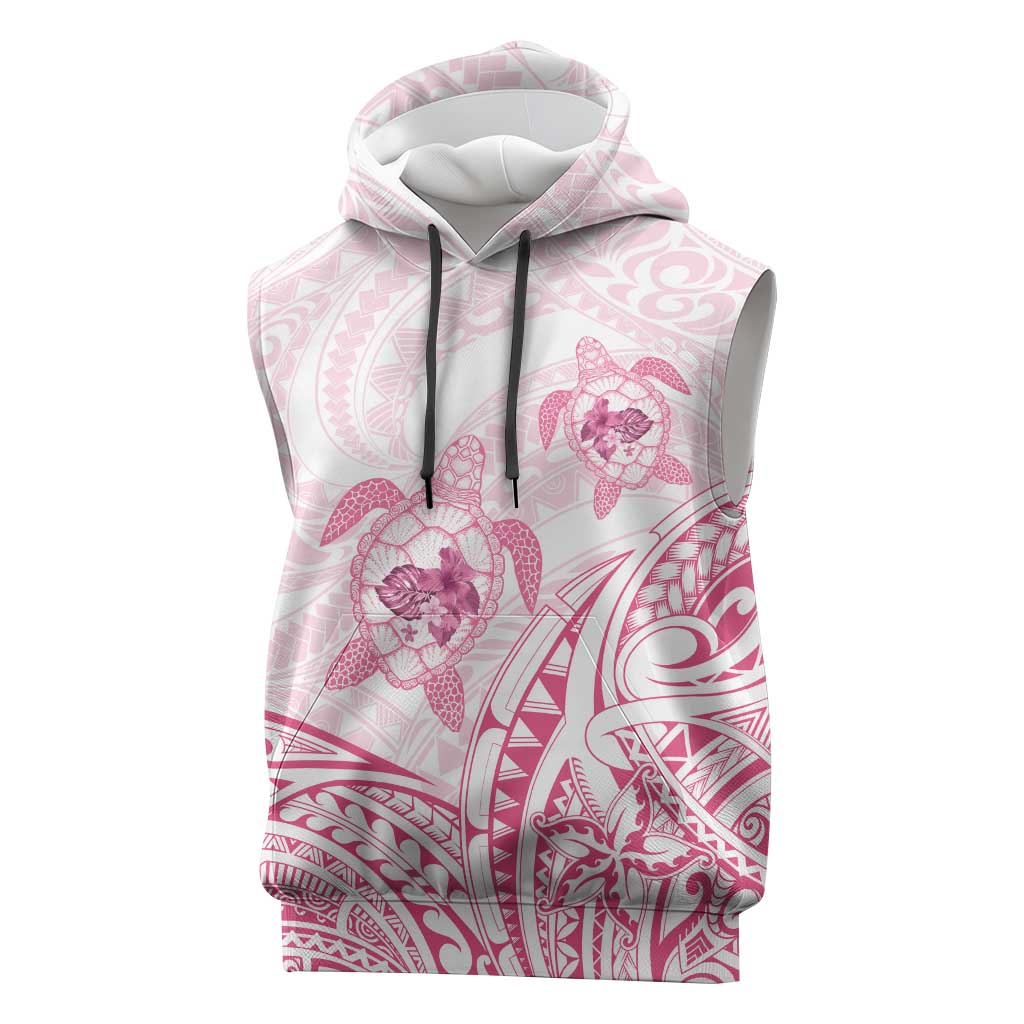 Pink White Polynesia Floral Sea Turtle Sleeveless Hoodie - Polynesian Pride