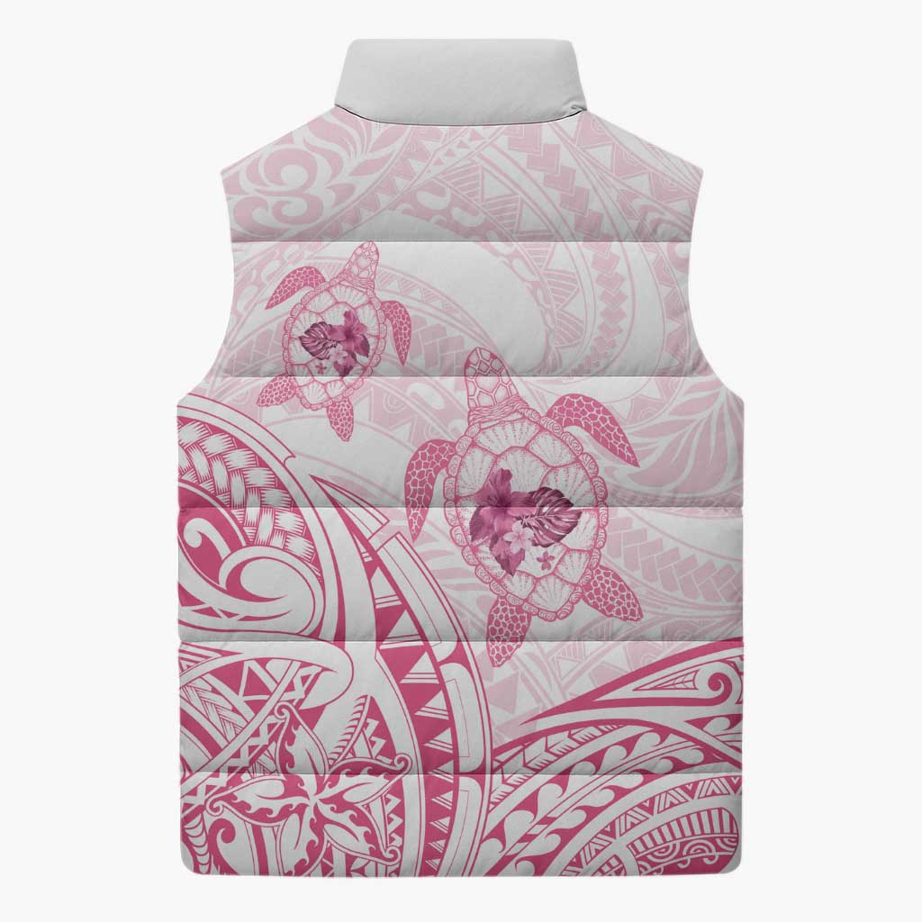 Pink White Polynesia Floral Sea Turtle Sleeveless Puffer Jacket - Polynesian Pride