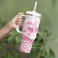 Pink White Polynesia Floral Sea Turtle Tumbler With Handle - Polynesian Pride