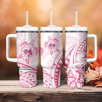 Pink White Polynesia Floral Sea Turtle Tumbler With Handle - Polynesian Pride
