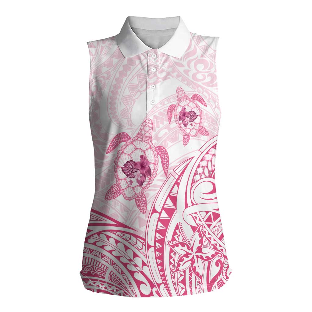 Pink White Polynesia Floral Sea Turtle Women Sleeveless Polo Shirt LT14 Female White - Polynesian Pride