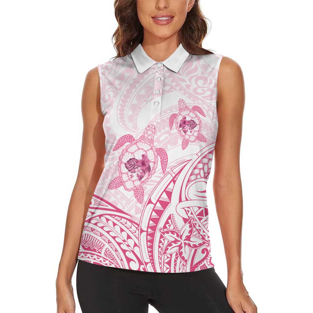 Pink White Polynesia Floral Sea Turtle Women Sleeveless Polo Shirt LT14 - Polynesian Pride