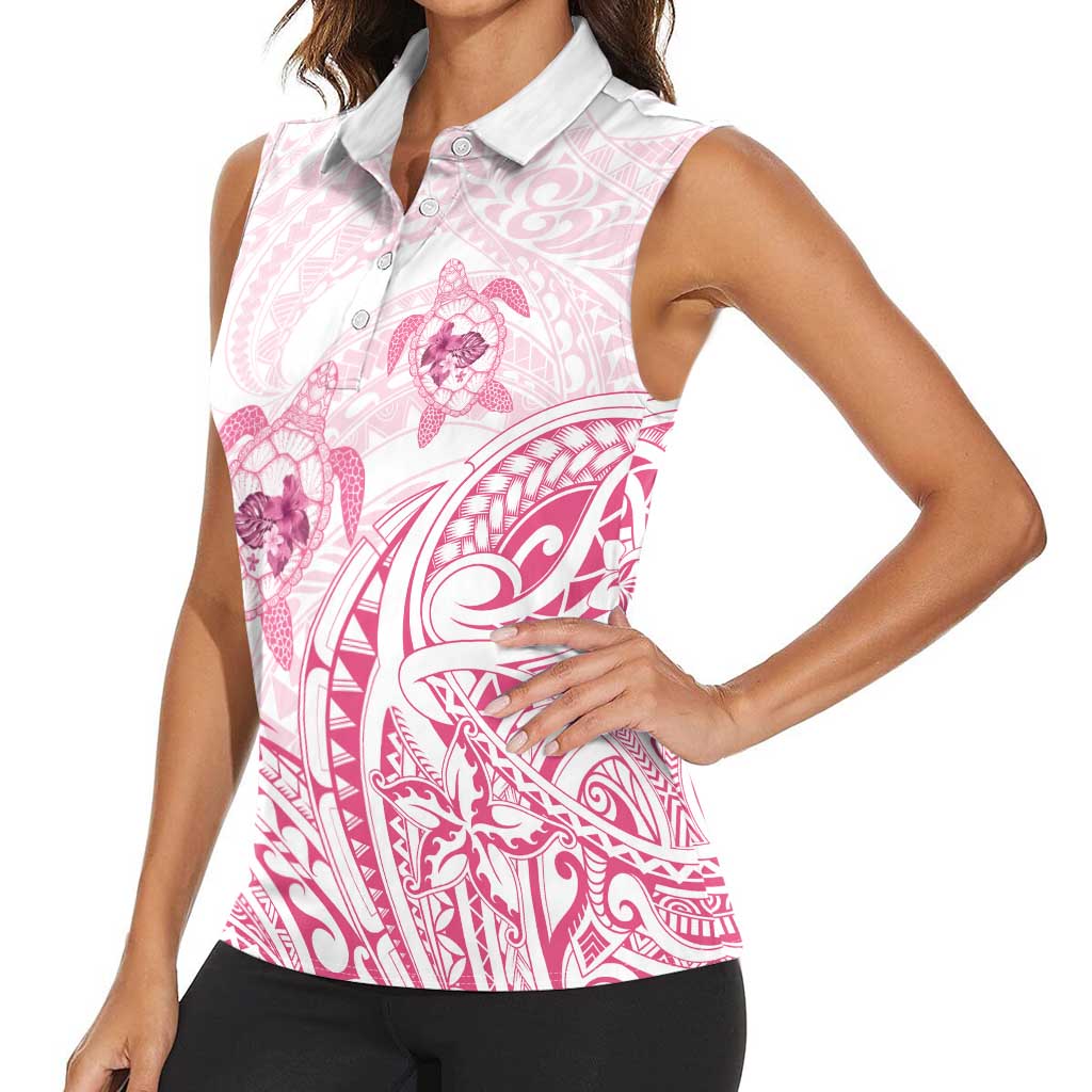 Pink White Polynesia Floral Sea Turtle Women Sleeveless Polo Shirt LT14 - Polynesian Pride