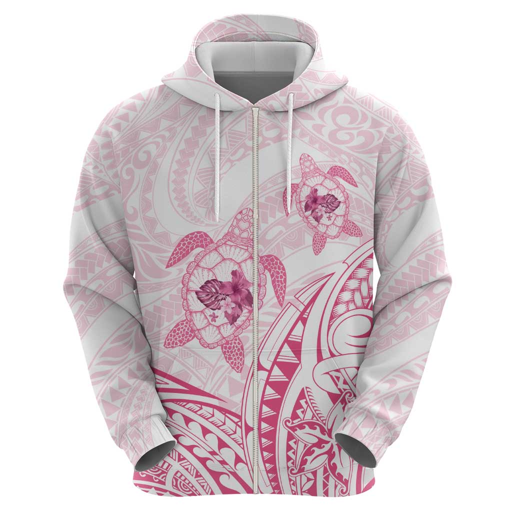 Pink White Polynesia Floral Sea Turtle Zip Hoodie - Polynesian Pride