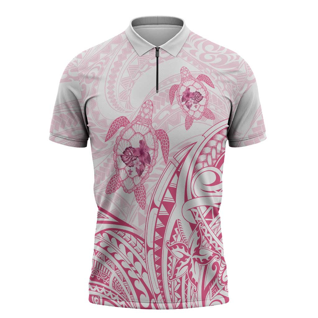 Pink White Polynesia Floral Sea Turtle Zipper Polo Shirt - Polynesian Pride