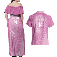 Custom New Zealand Silver Fern Rugby 2025 Couples Matching Off Shoulder Maxi Dress and Hawaiian Shirt All Black Aotearoa Maori Pink