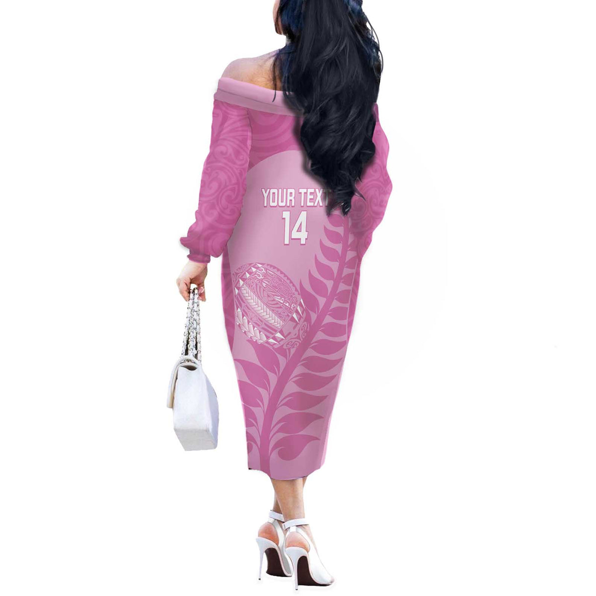 Custom New Zealand Silver Fern Rugby 2025 Off The Shoulder Long Sleeve Dress All Black Aotearoa Maori Pink
