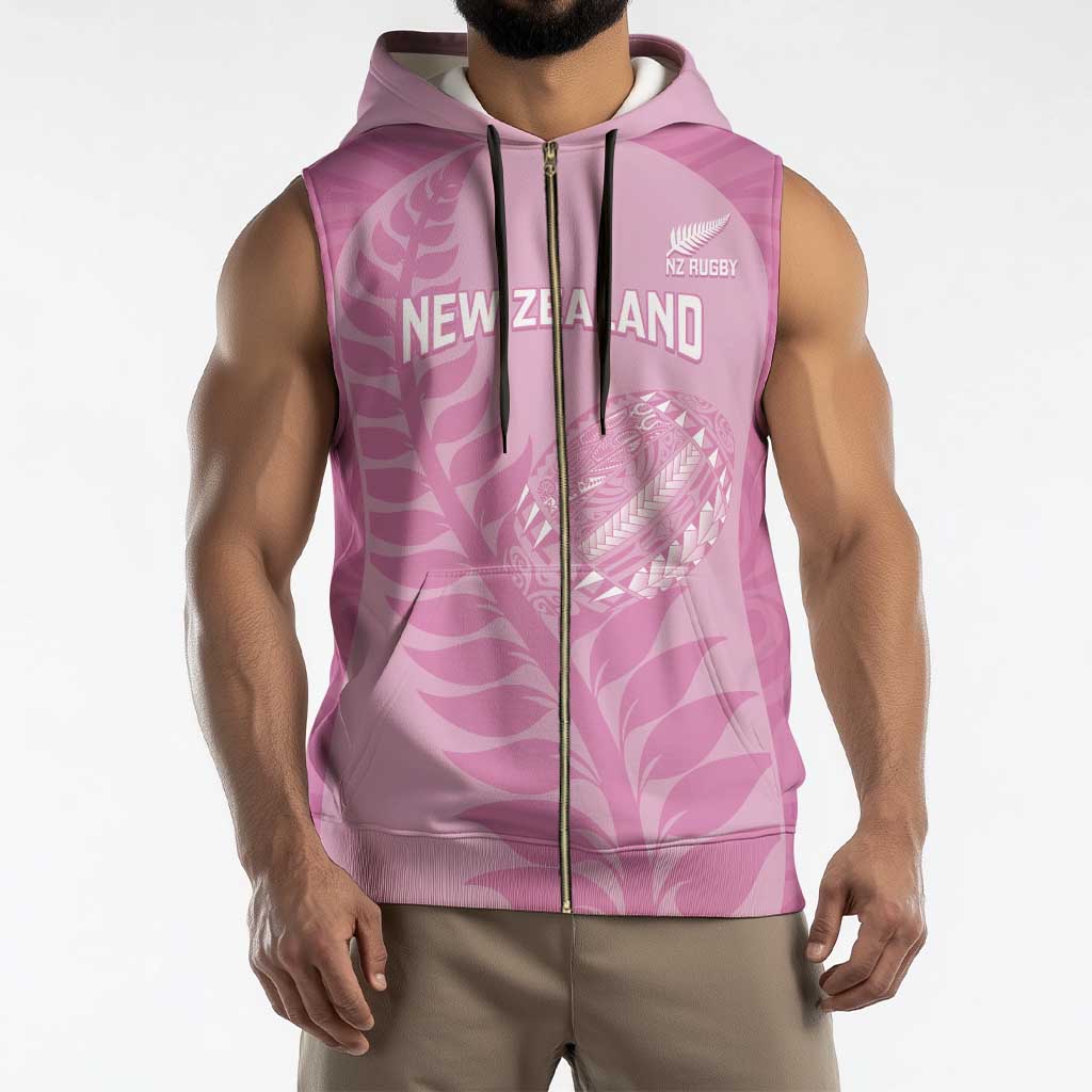 Custom New Zealand Silver Fern Rugby 2025 Sleeveless Zip Hoodie All Black Aotearoa Maori Pink - Polynesian Pride