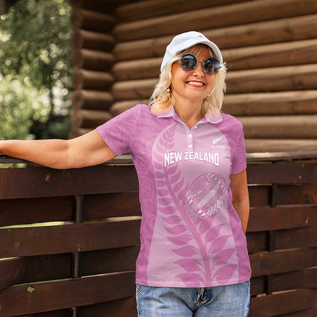 Custom New Zealand Silver Fern Rugby 2025 Women Polo Shirt All Black Aotearoa Maori Pink