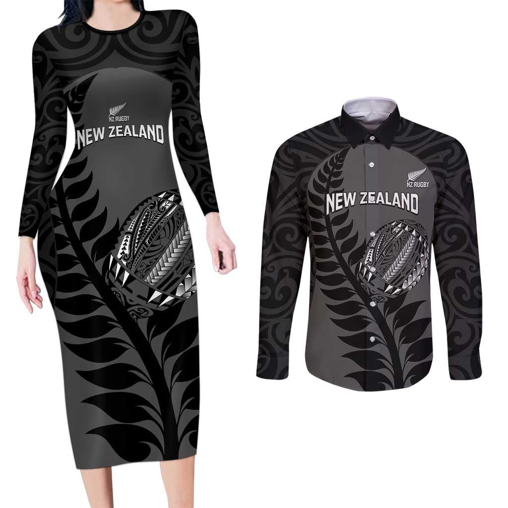 Custom New Zealand Silver Fern Rugby 2025 Couples Matching Long Sleeve Bodycon Dress and Long Sleeve Button Shirt Go Champions Aotearoa Maori Black
