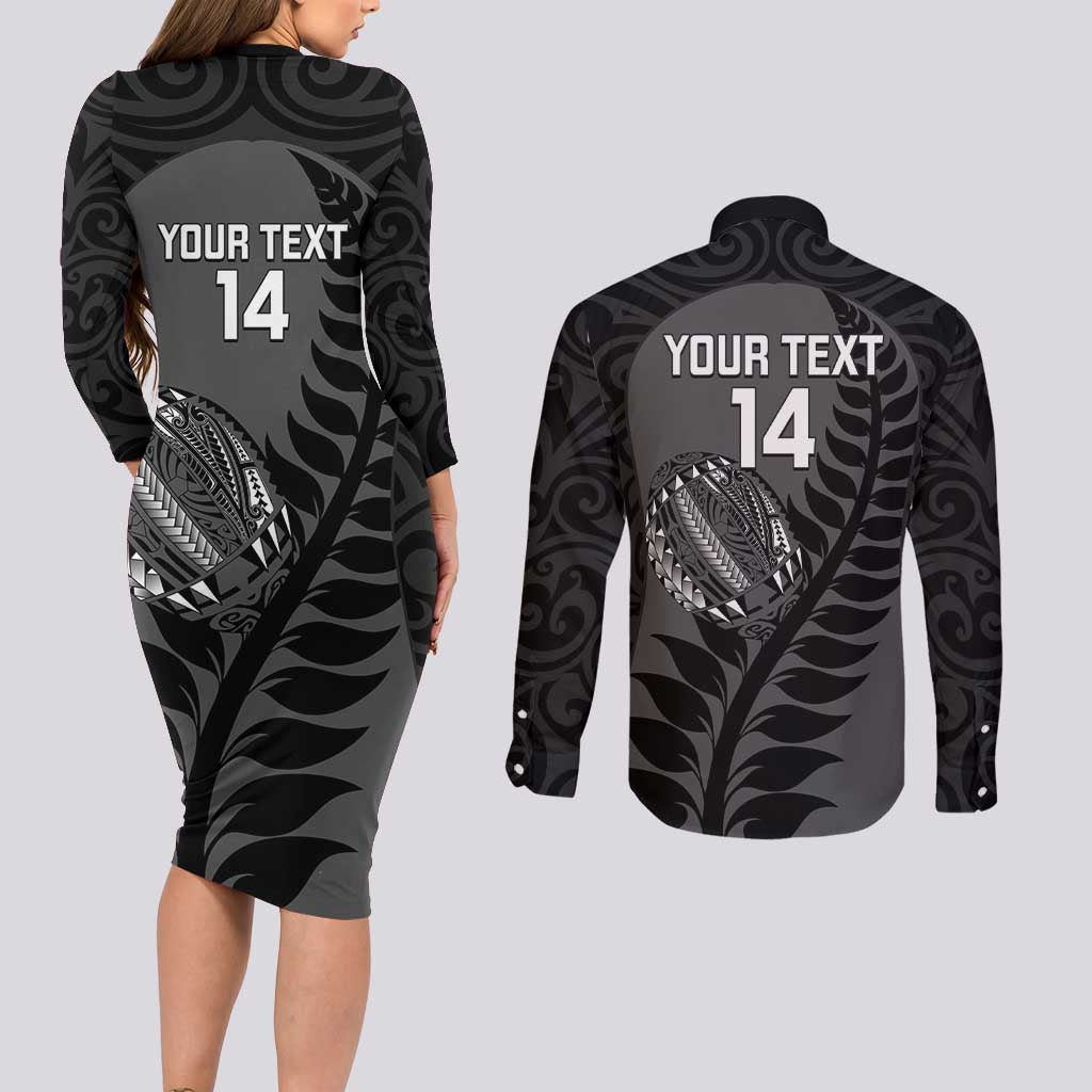 Custom New Zealand Silver Fern Rugby 2025 Couples Matching Long Sleeve Bodycon Dress and Long Sleeve Button Shirt Go Champions Aotearoa Maori Black