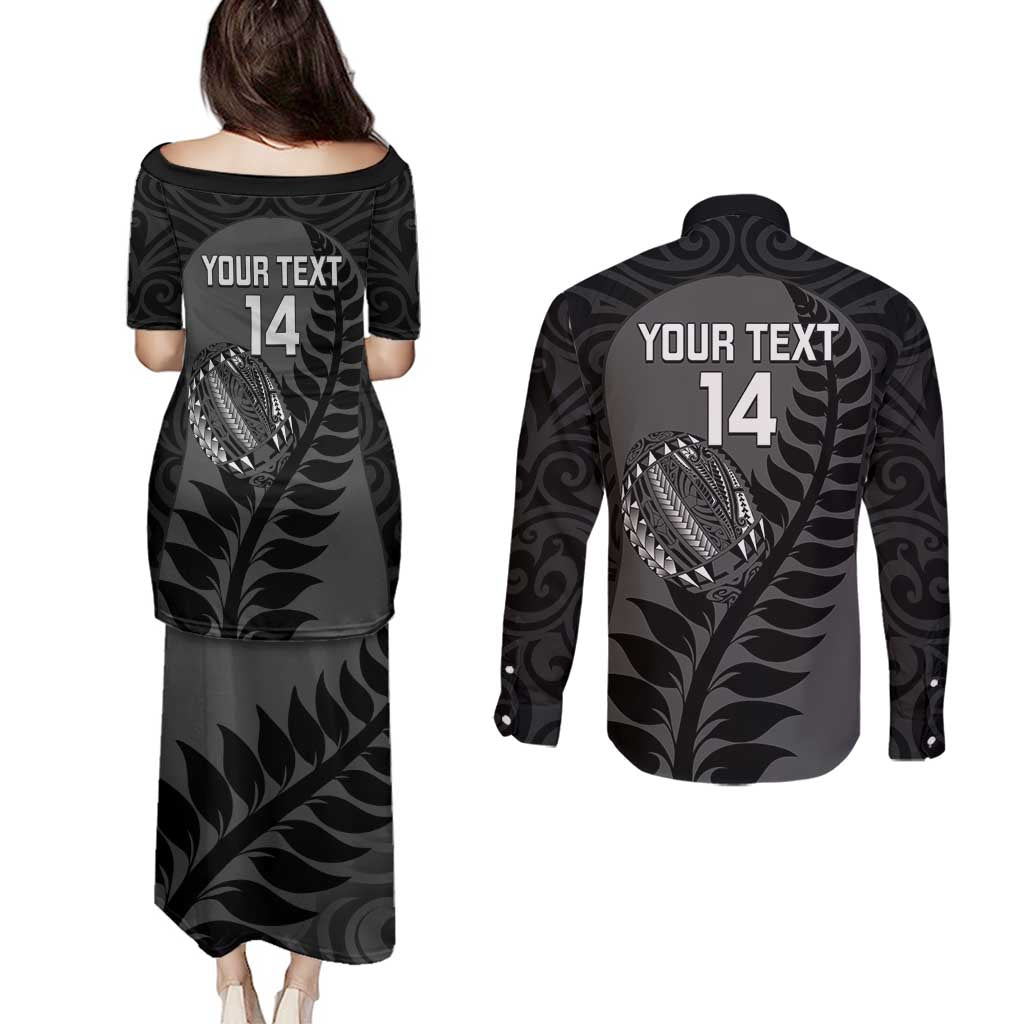 Custom New Zealand Silver Fern Rugby 2025 Couples Matching Puletasi and Long Sleeve Button Shirt Go Champions Aotearoa Maori Black
