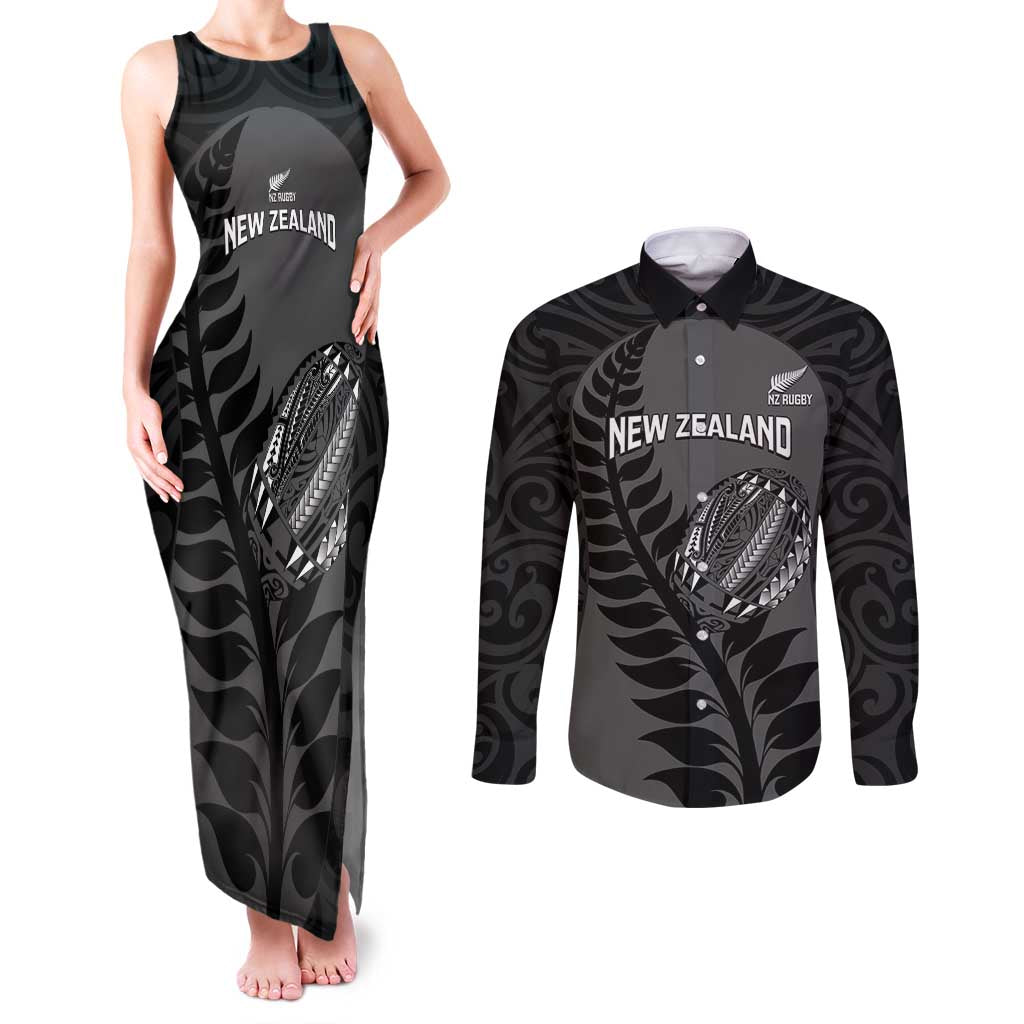 Custom New Zealand Silver Fern Rugby 2025 Couples Matching Tank Maxi Dress and Long Sleeve Button Shirt Go Champions Aotearoa Maori Black