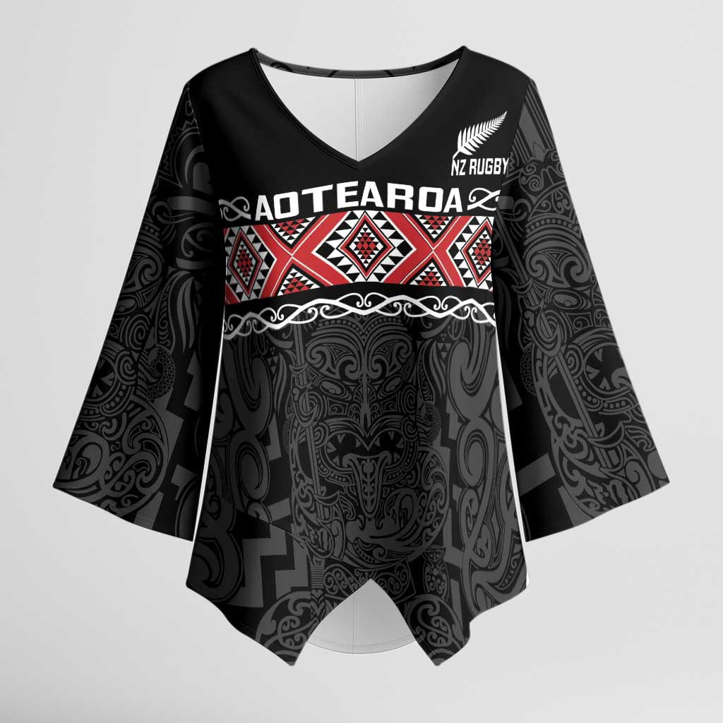 Custom New Zealand Silver Fern Rugby Kimono Sleeve Blouse All Black Maori Taniko Pattern - Polynesian Pride