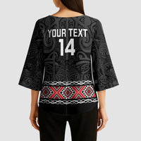 Custom New Zealand Silver Fern Rugby Kimono Sleeve Blouse All Black Maori Taniko Pattern - Polynesian Pride