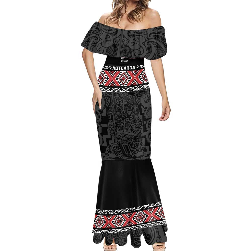 Custom New Zealand Silver Fern Rugby Mermaid Dress All Black Maori Taniko Pattern