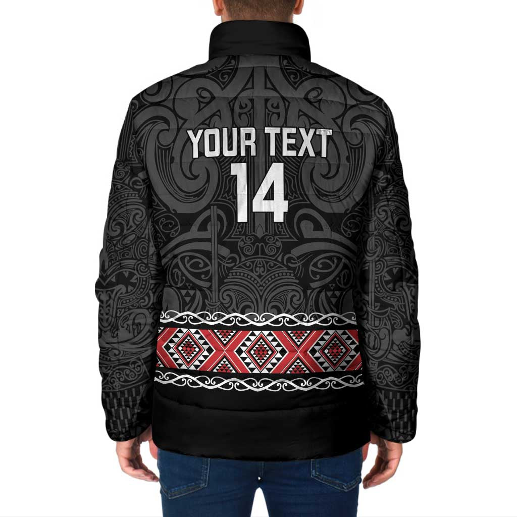 Custom New Zealand Silver Fern Rugby Padded Jacket All Black Maori Taniko Pattern - Polynesian Pride