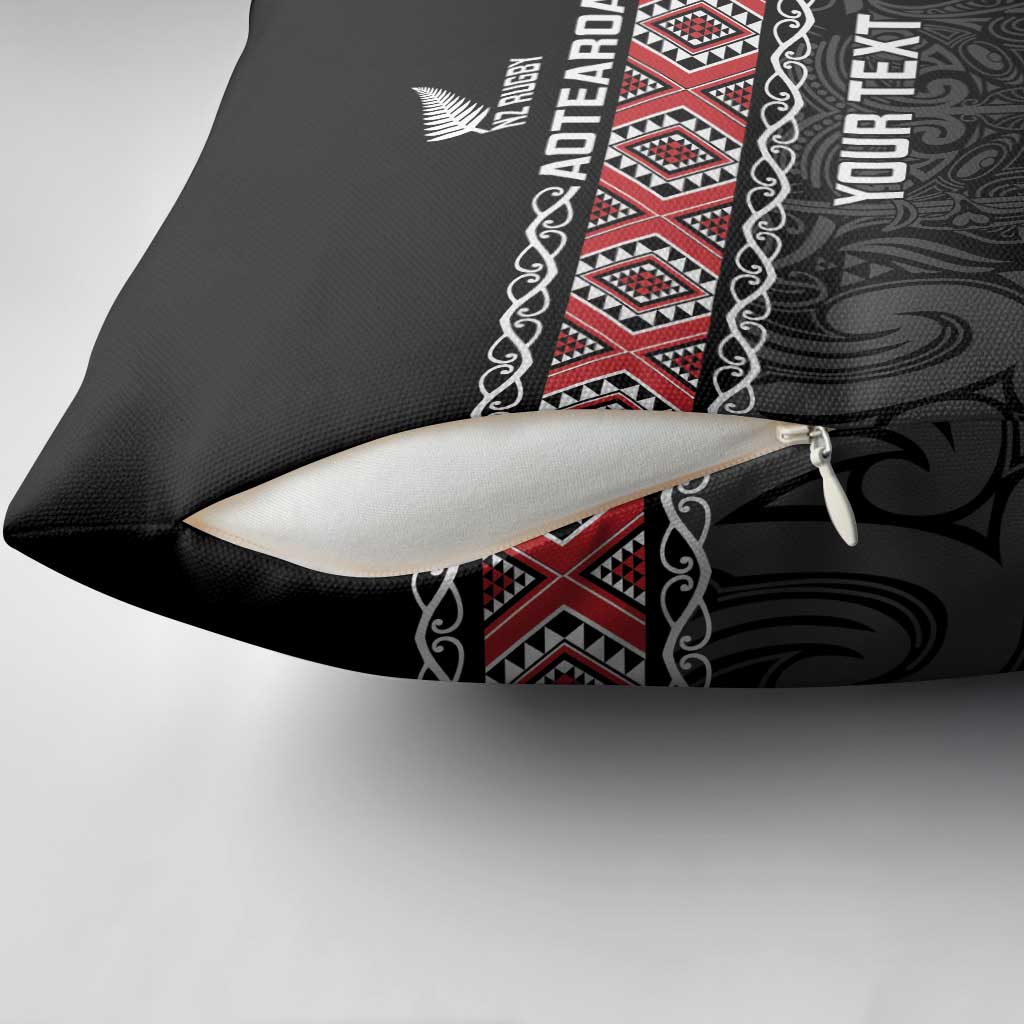 Custom New Zealand Silver Fern Rugby Pillow Cover All Black Maori Taniko Pattern - Polynesian Pride