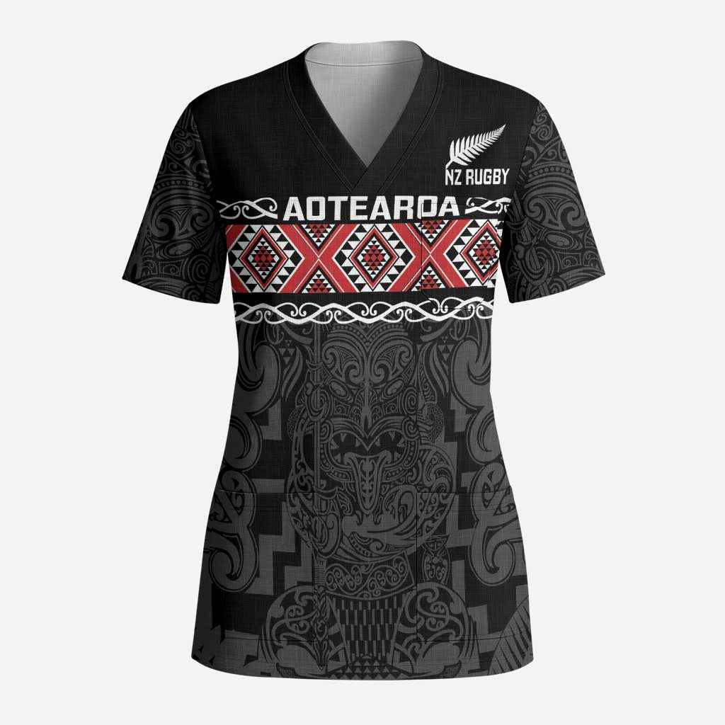 Custom New Zealand Silver Fern Rugby Scrub Top All Black Maori Taniko Pattern LT14 Adult Black - Polynesian Pride