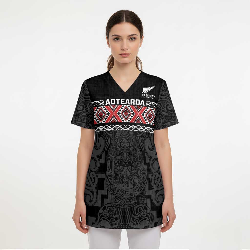 Custom New Zealand Silver Fern Rugby Scrub Top All Black Maori Taniko Pattern LT14 - Polynesian Pride