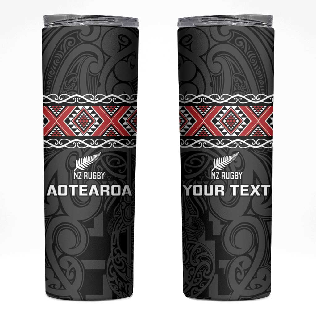 Custom New Zealand Silver Fern Rugby Skinny Tumbler All Black Maori Taniko Pattern