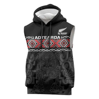 Custom New Zealand Silver Fern Rugby Sleeveless Hoodie All Black Maori Taniko Pattern - Polynesian Pride