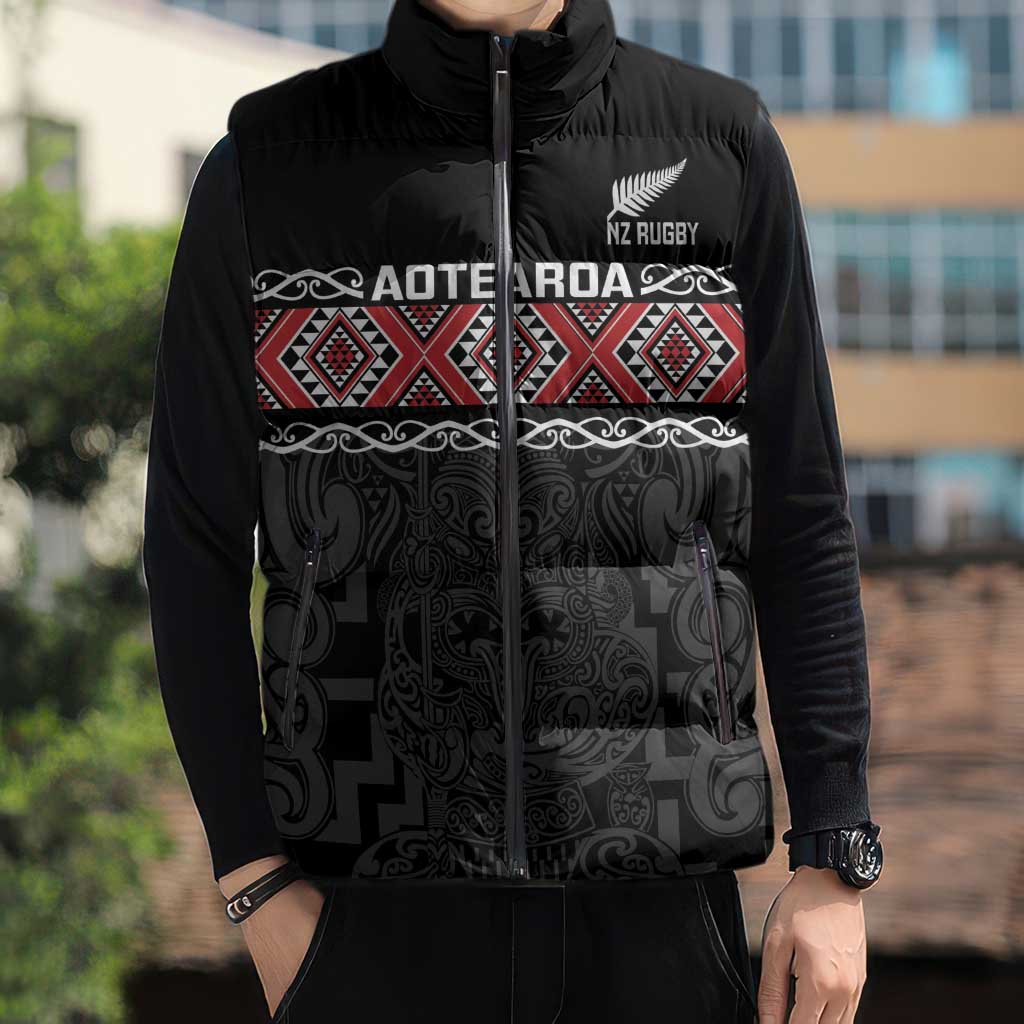 Custom New Zealand Silver Fern Rugby Sleeveless Puffer Jacket All Black Maori Taniko Pattern - Polynesian Pride