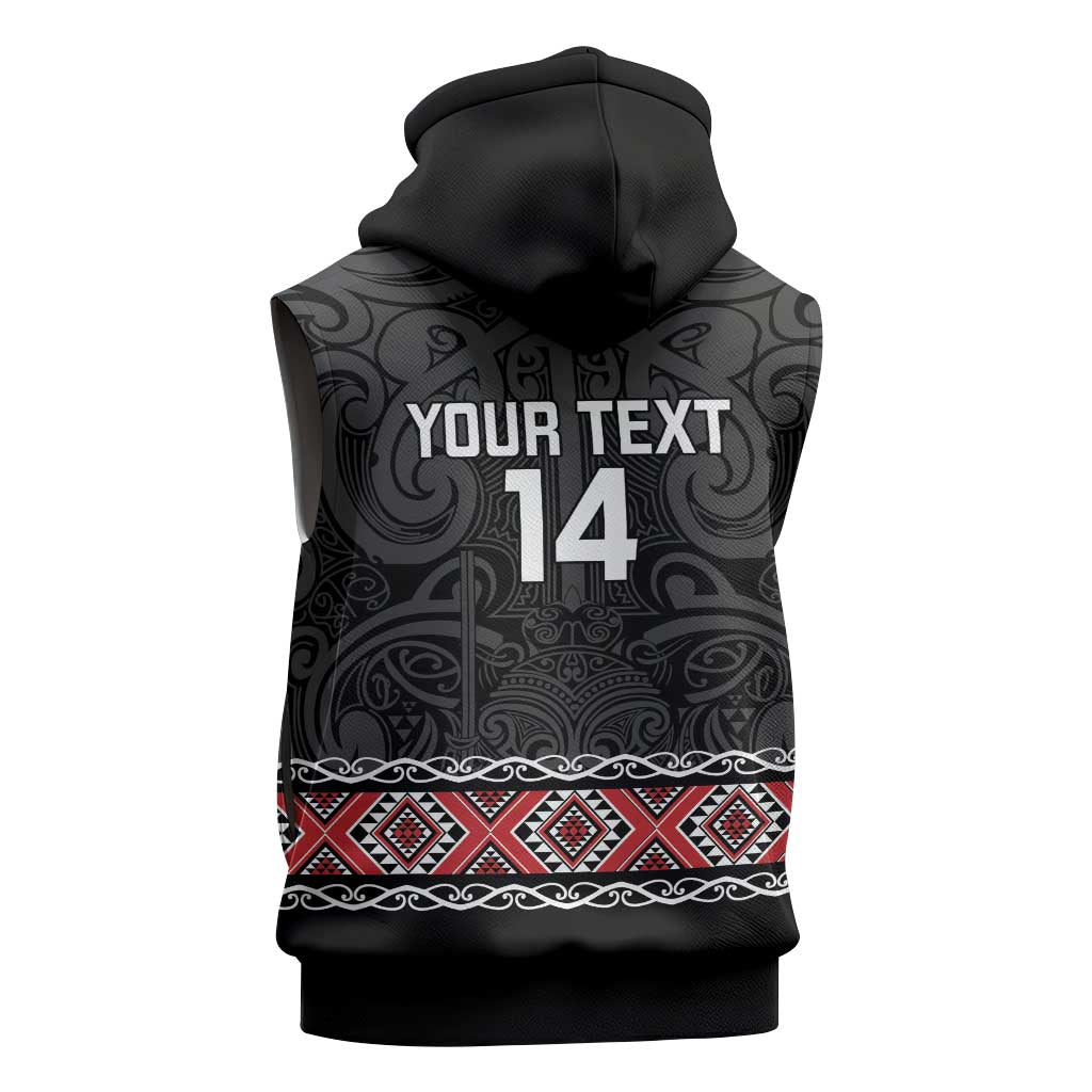Custom New Zealand Silver Fern Rugby Sleeveless Zip Hoodie All Black Maori Taniko Pattern - Polynesian Pride