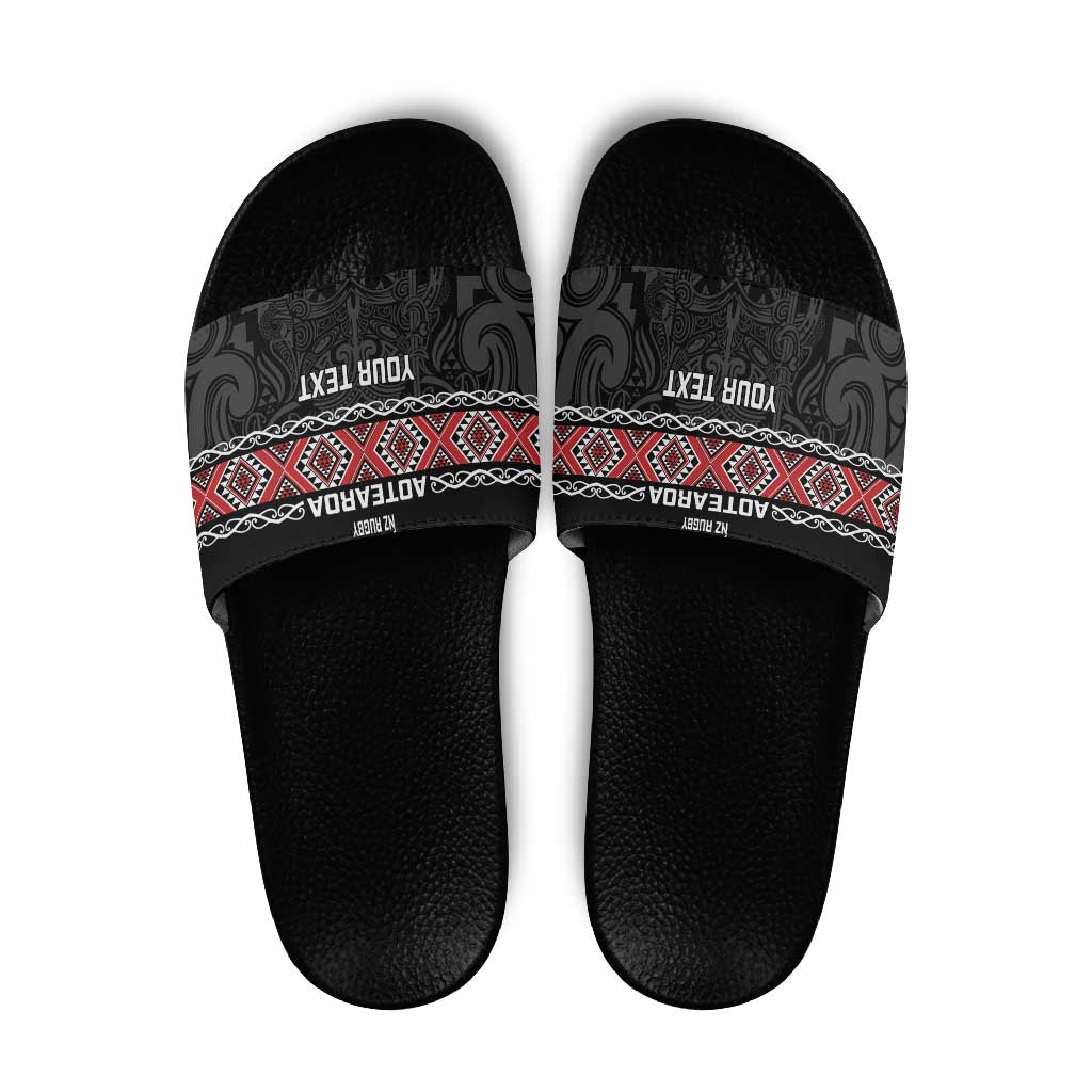 Custom New Zealand Silver Fern Rugby Slide Sandals All Black Maori Taniko Pattern - Polynesian Pride
