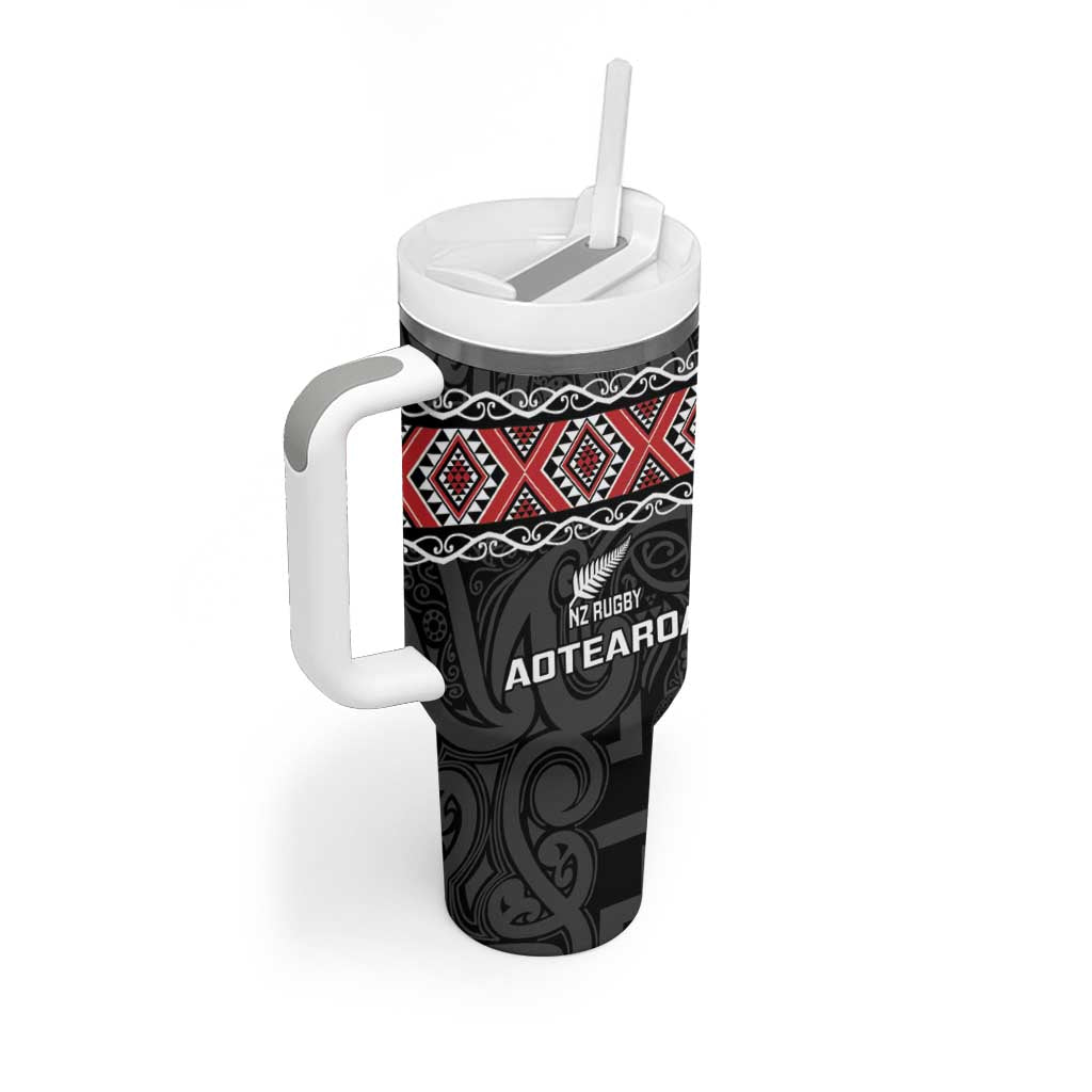 Custom New Zealand Silver Fern Rugby Tumbler With Handle All Black Maori Taniko Pattern