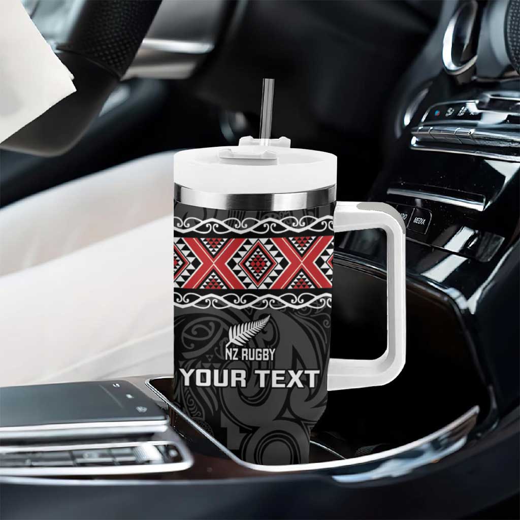 Custom New Zealand Silver Fern Rugby Tumbler With Handle All Black Maori Taniko Pattern