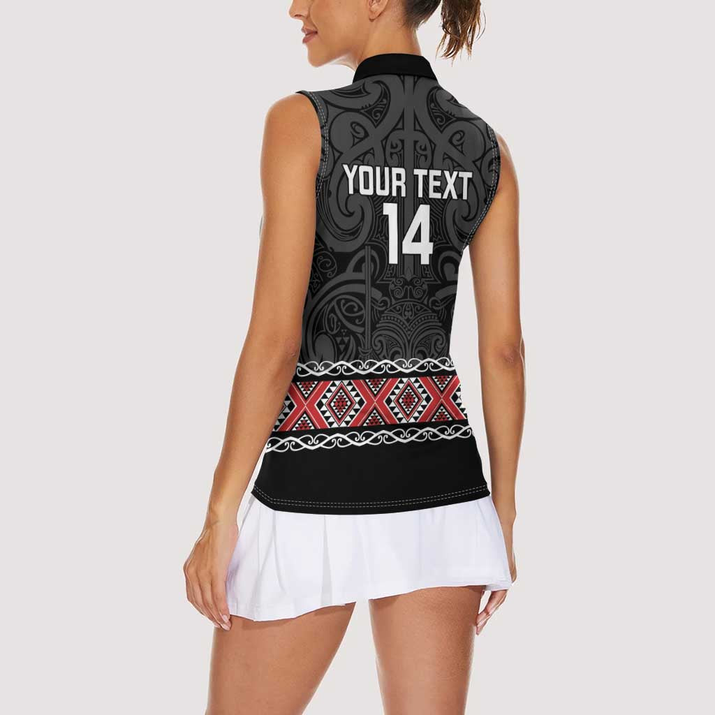 Custom New Zealand Silver Fern Rugby Women Sleeveless Polo Shirt All Black Maori Taniko Pattern