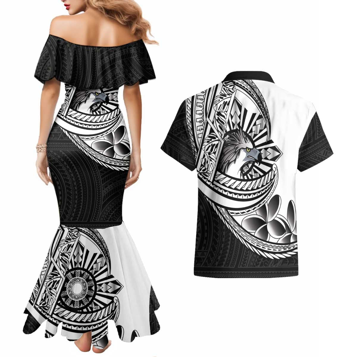 Philippines Eagle Sun Couples Matching Mermaid Dress and Hawaiian Shirt Filipino Agila Polynesian Tattoo Black Color