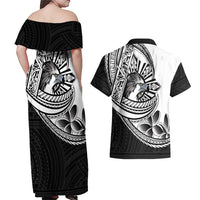 Philippines Eagle Sun Couples Matching Off Shoulder Maxi Dress and Hawaiian Shirt Filipino Agila Polynesian Tattoo Black Color